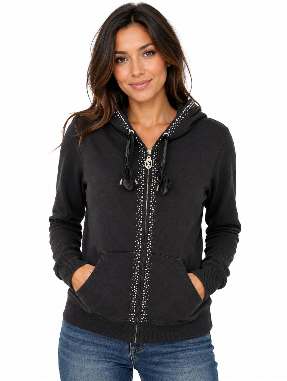 Christine Alexander Black Rhinestone Zip-Up Hoodie Jacket Medium Glam Sparkle